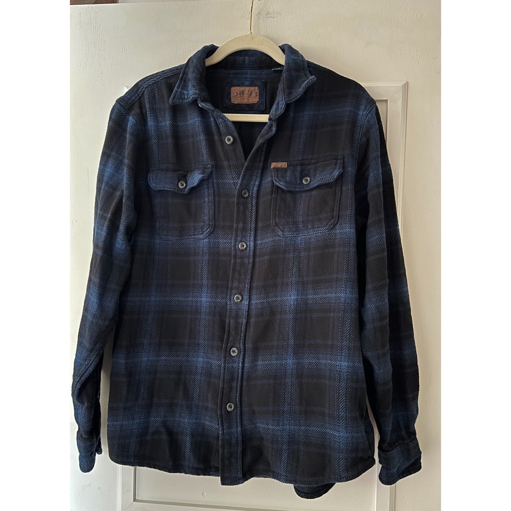 Orvis Mens Blue Black Plaid Flannel Button Down Shirt Medium Classic Collection